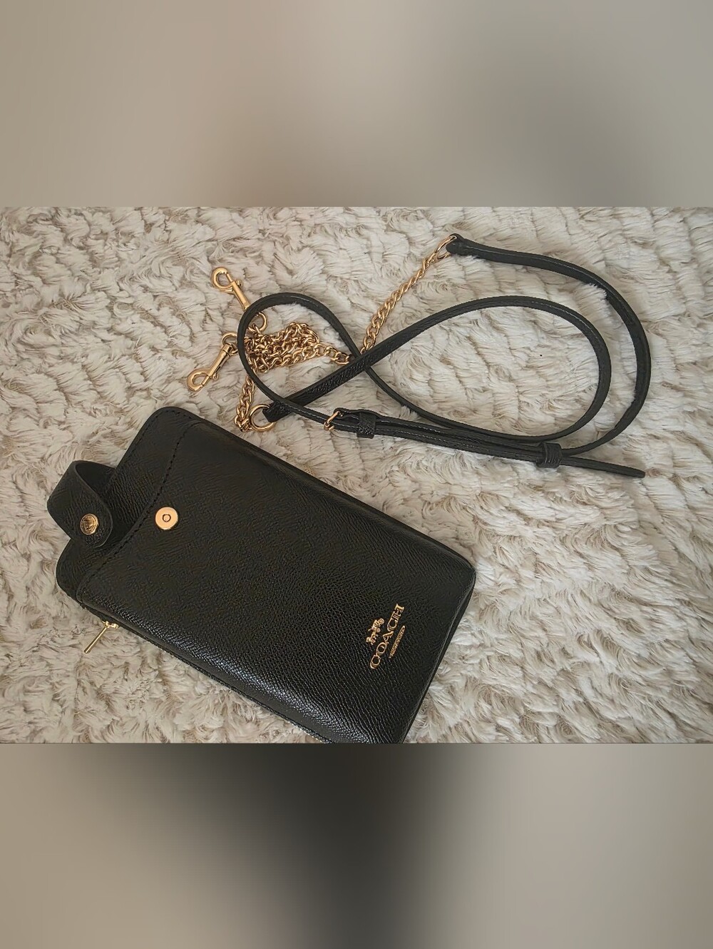 NWOT COACH Black Leather Crossbody with Gold Chain Accents